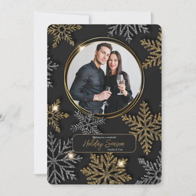 Silver and Gold Snowflakes Photo Greeting Card (Front)
