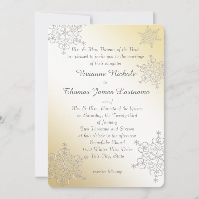 Silver and Gold Snowflakes Wedding Invitation (Front)