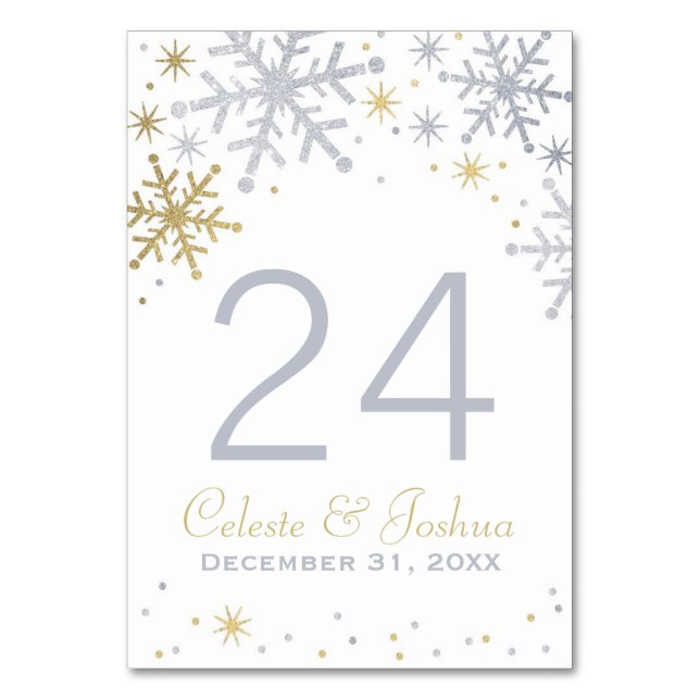Silver and Gold Snowflakes Wedding Monogram Table Number (Front)