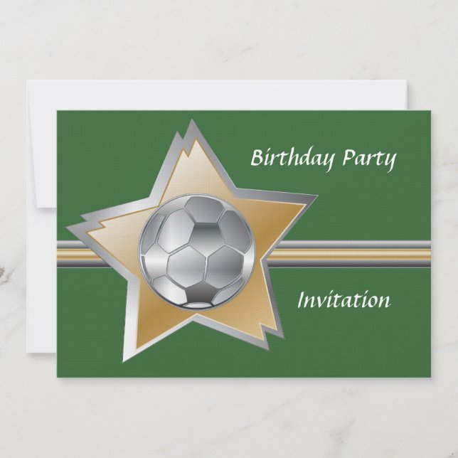 Silver and gold soccer star linen birthday party invitation (Front)