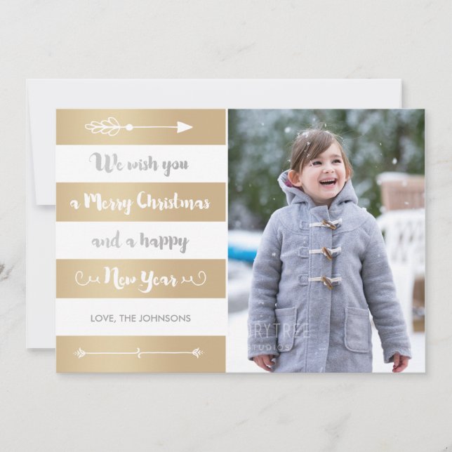 Silver and Gold Stripe Merry Christmas Photo Card (Front)