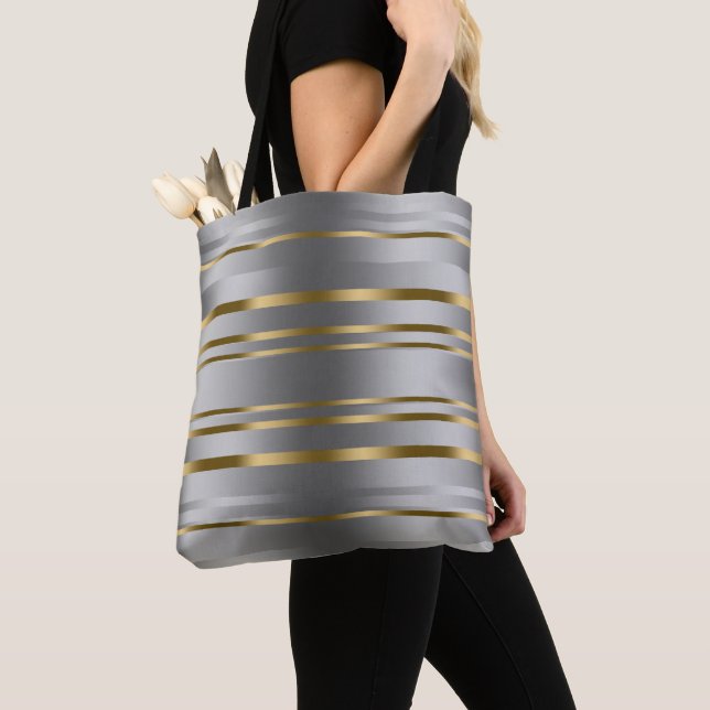 Silver and Gold Stripes Pattern Tote Bag (Close Up)