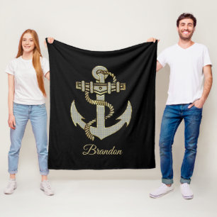 Silver and gold tone nautical boat anchor fleece blanket