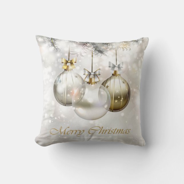 Silver and Golden Christmas Balls & Bows Cushion (Front)