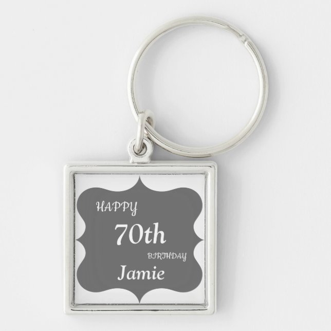 Silver and Gray Happy 70th Birthday personalised Key Ring (Front)