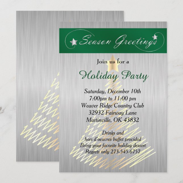 Silver and Green Christmas Holiday Tree Invitation (Front/Back)
