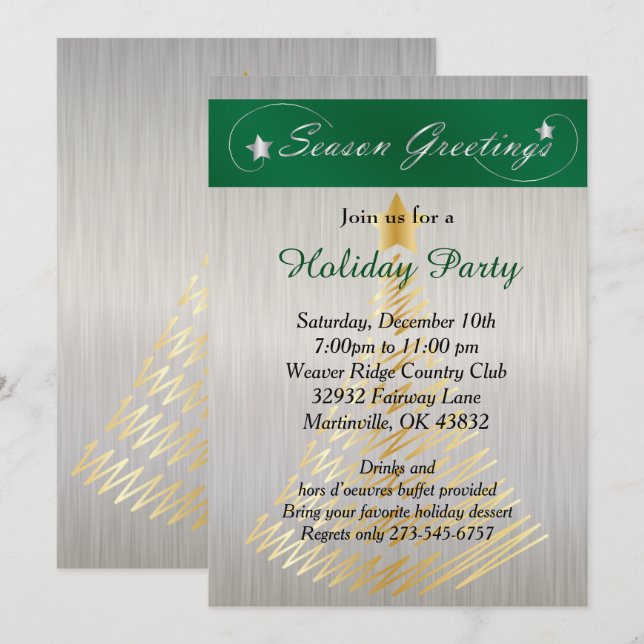 Silver and Green Christmas Holiday Tree Invitation (Front/Back)