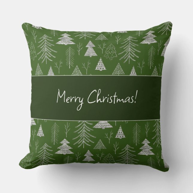 Silver and Green Christmas Tree Forest Pattern Cushion (Front)