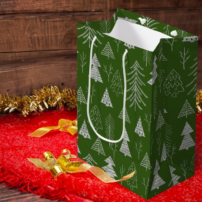 Silver and Green Christmas Tree Forest Pattern Medium Gift Bag (Creator Uploaded)