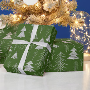 Silver and Green Christmas Tree Forest Pattern Wrapping Paper