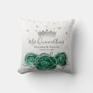 Silver and Green Rose Quinceanera Mis Quince Anos Cushion