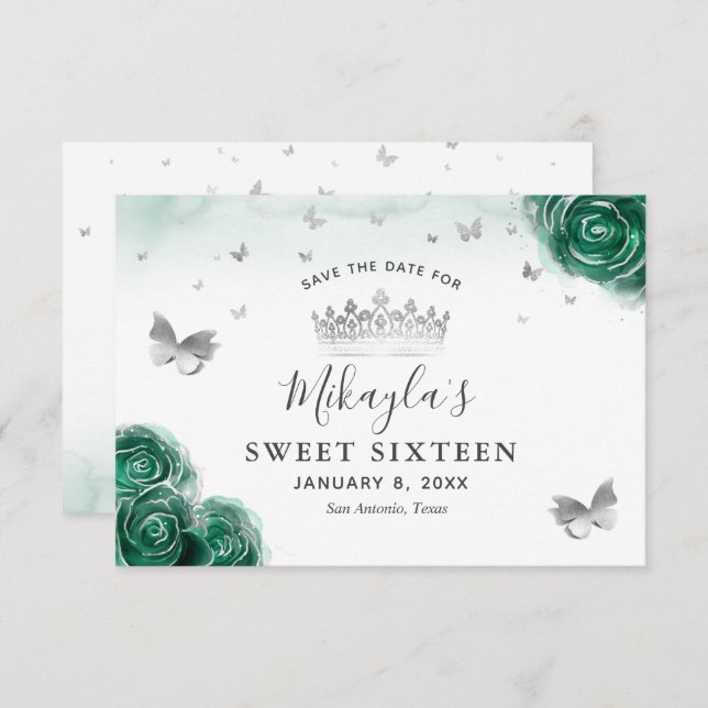 Silver and Green Roses Elegant Save The Date (Front/Back)