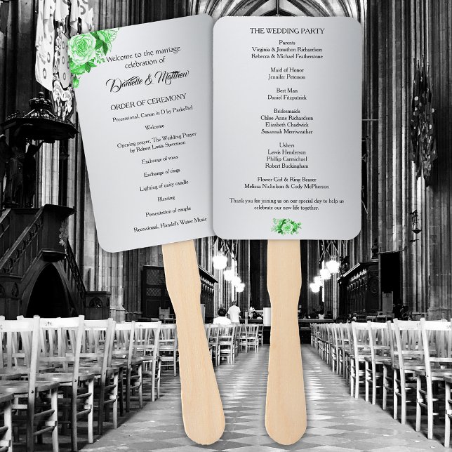 Silver and Green Roses Wedding Program Hand Fan (Creator Uploaded)