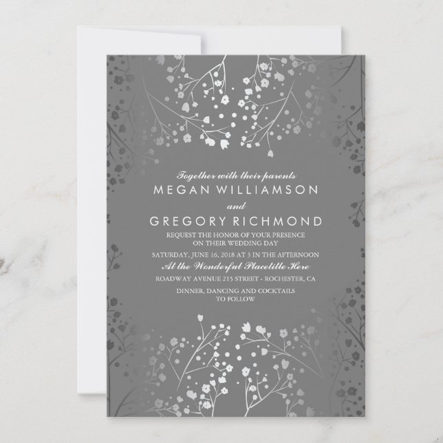 Silver and Grey Baby's Breath Wedding Invitations (Front)