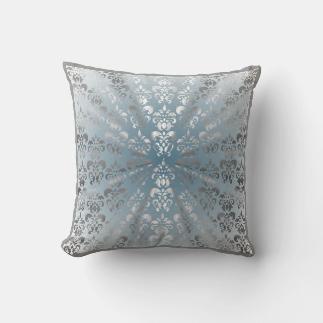 Silver and grey/blue damask cushion (Front)
