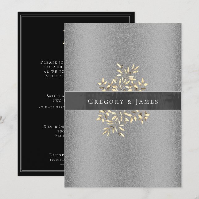 Silver and Grey Botanical Satin Ribbon Gay Wedding Invitation (Front/Back)