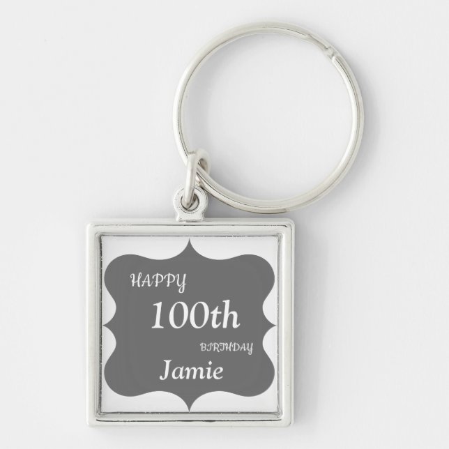 Silver and Grey Happy 100th Birthday personalised Key Ring (Front)