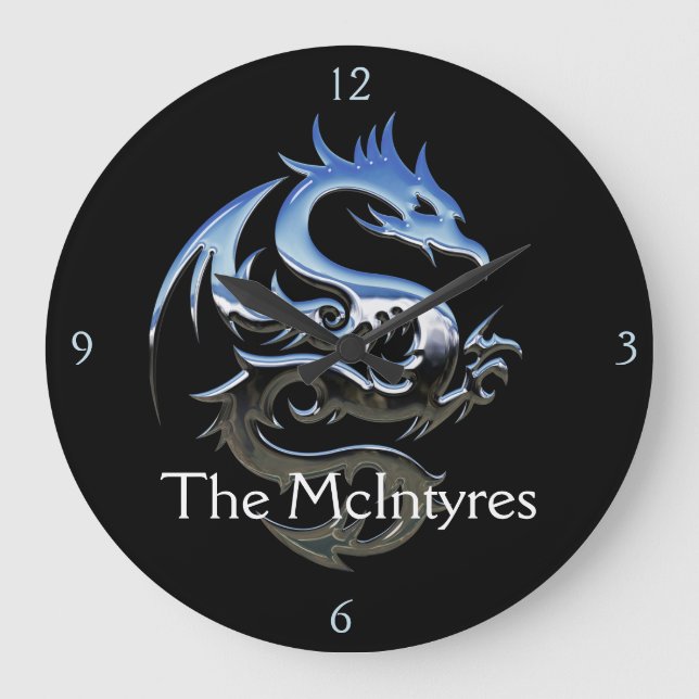 Silver and Grey Stylized Dragon Large Clock (Front)
