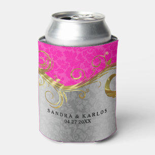 Silver And Hot Pink Vintage Damasks Gold Accents Can Cooler