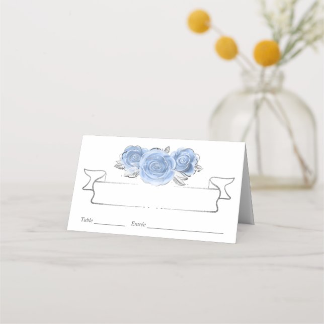Silver and Light Baby Blue Roses Elegant Place Card (Front)