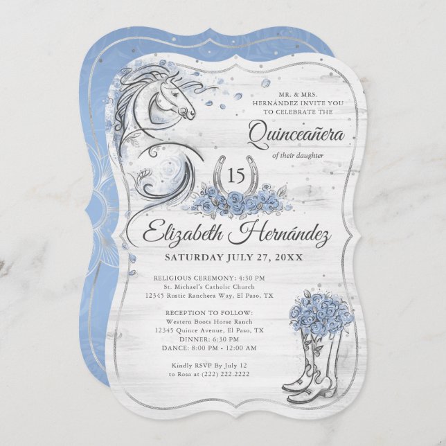 Silver and Light Blue Quince Rustic Horse Birthday Invitation (Front/Back)
