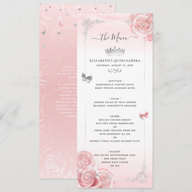 Silver and Light Blush Pink Roses Elegant Floral Menu (Front/Back)