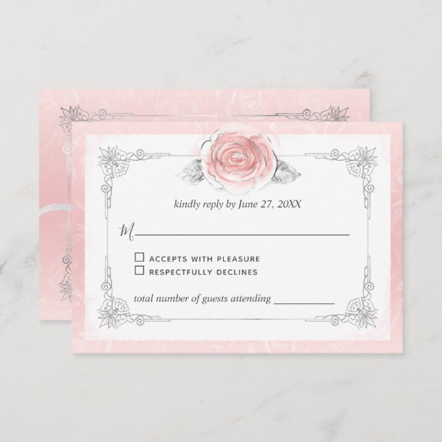 Silver and Light Pink Roses Elegant RSVP Card (Front/Back)