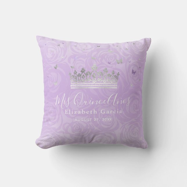 Silver and Light Purple Roses Mis Quince Anos Cushion (Front)