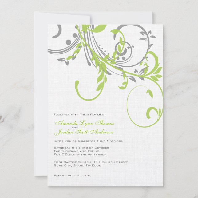 Silver and Lime Double Floral Wedding Invitation (Front)
