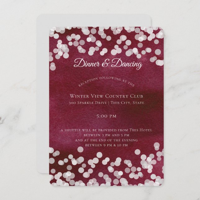 Silver and Maroon Bokeh Sparkle Wedding Reception Invitation (Front/Back)