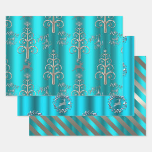 Silver and Metallic Aqua Christmas Wrapping Paper Sheet