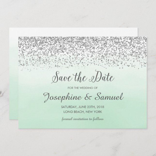Silver and Mint Green Save The Date Invitation (Front/Back)