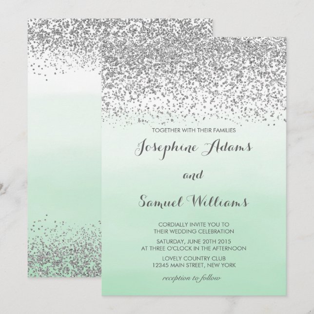 Silver and Mint Green Wedding Invitation (Front/Back)