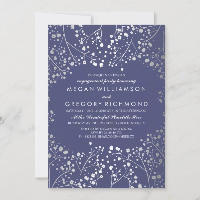 Silver and Navy Baby's Breath Engagement Party Invitation (Front)
