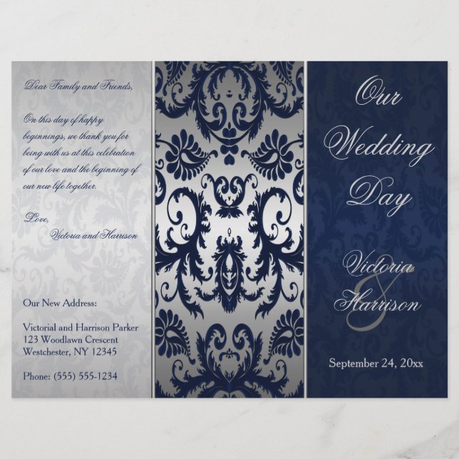 Silver and Navy Blue Damask Wedding Program (Front)