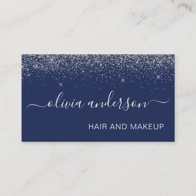 Silver and Navy Blue Glitter Hair Makeup Salon Business Card (Front)