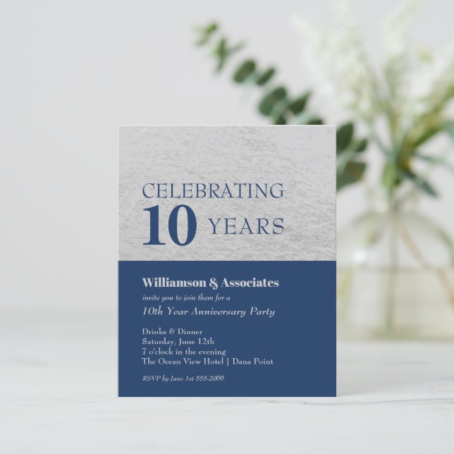 Silver and Navy Budget Business Anniversary Invite (Standing Front)