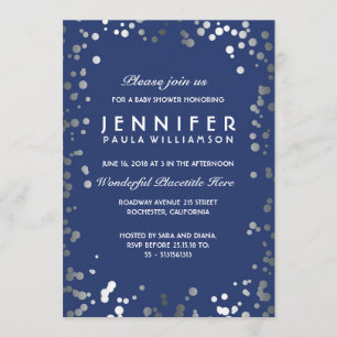 Silver and Navy Confetti Dots Vintage Baby Shower Invitation