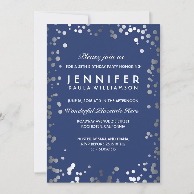 Silver and Navy Confetti Vintage Birthday Party Invitation (Front)