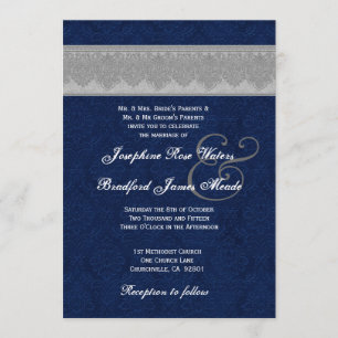 Silver and Navy Damask Ribbon Monogram Wedding Invitation