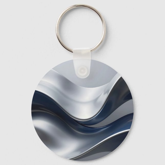 Silver And Navy Fluid Waves Abstract Modern Design Key Ring (Front)
