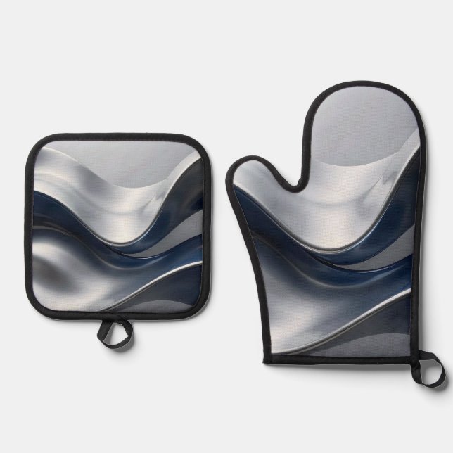 Silver And Navy Fluid Waves Abstract Modern Design Oven Mitt & Pot Holder Set (Front)