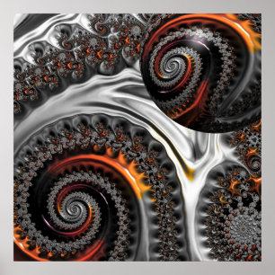 Silver and Orange Mandelbrot with Sphere Poster