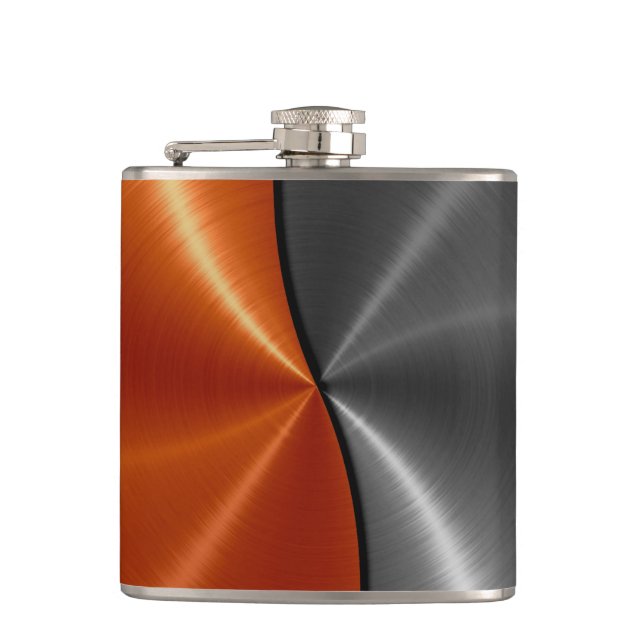 Silver and Orange Metallic Steel Metal 2 Hip Flask (Front)