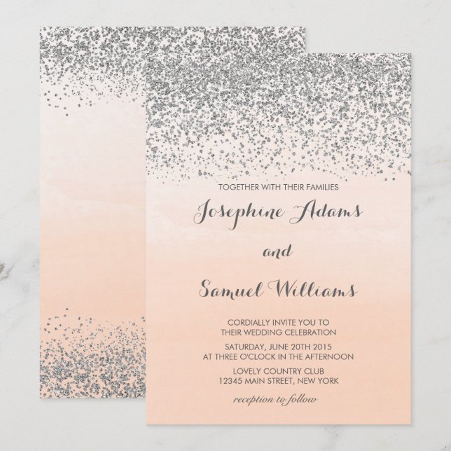 Silver and Peach Orange Wedding Invitation (Front/Back)