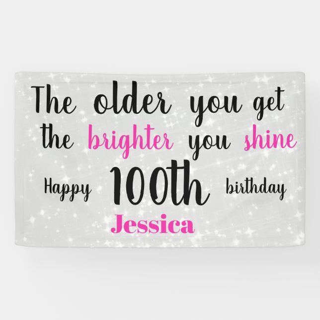 Silver and Pink 100th Birthday personalised Banner (Horizontal)