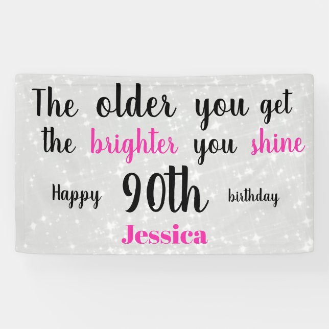 Silver and Pink 90th Birthday personalised Banner (Horizontal)