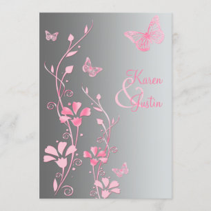 Silver and Pink Butterflies Wedding Invitation