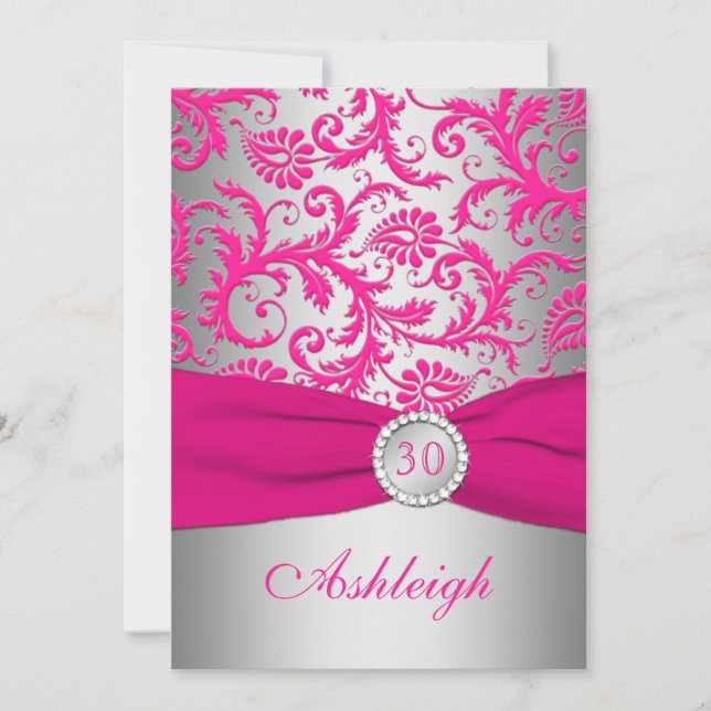 Silver and Pink Damask 30th Birthday Invitation (Front)