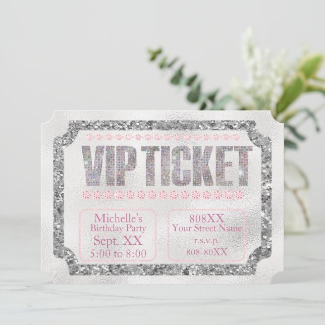 Silver and Pink Diamonds VIP Ticket Invitation (Standing Front)